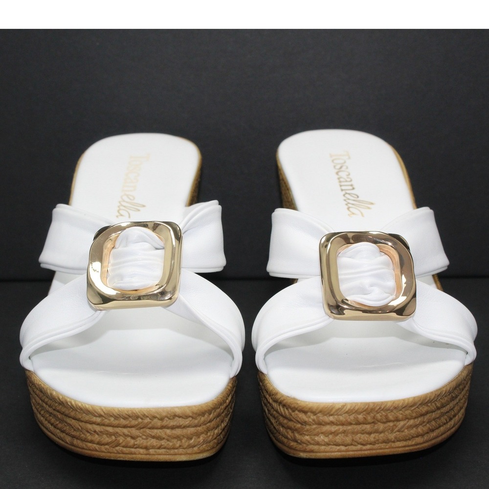 Toscanella White Italian Leather Raffia Platform Sandals Gold Buckle Size 8